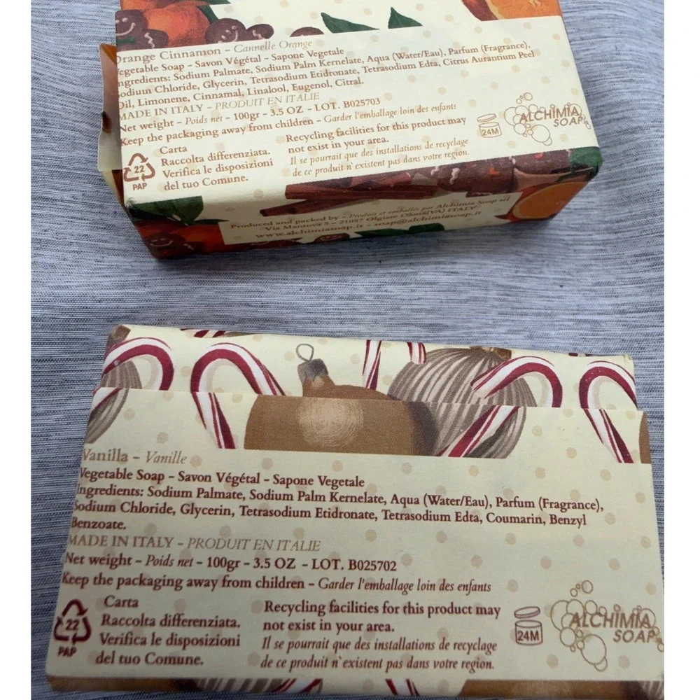 Alchimia Italy Handmade Veg Soap Bar Set Orange Cinnamon & Vanilla 3.5oz x2